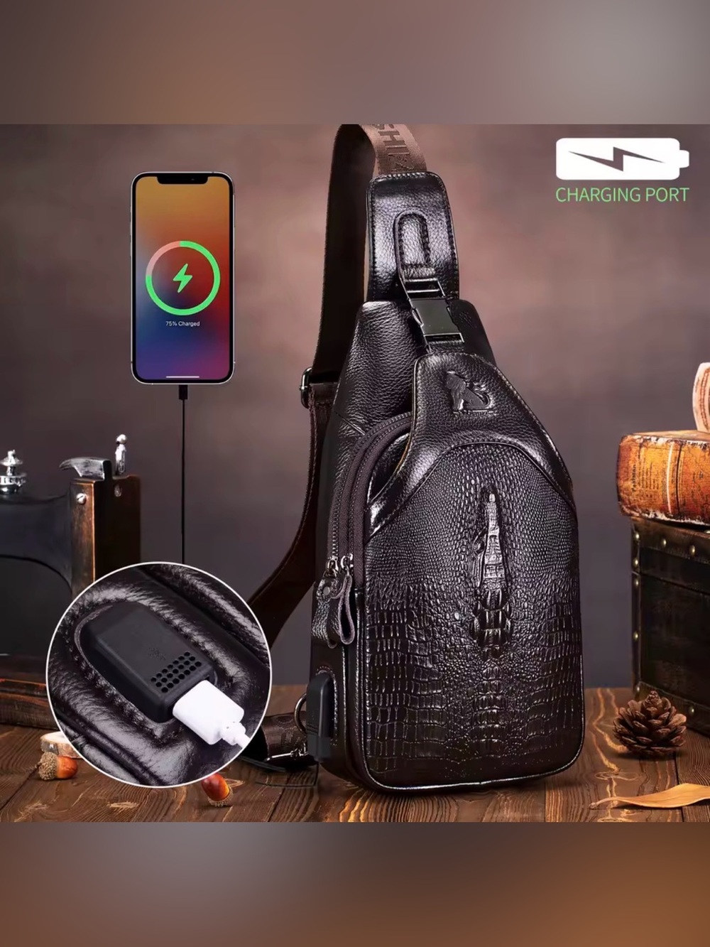 Vintage Black Croc-Embossed Leather Sling Bag with USB Port
